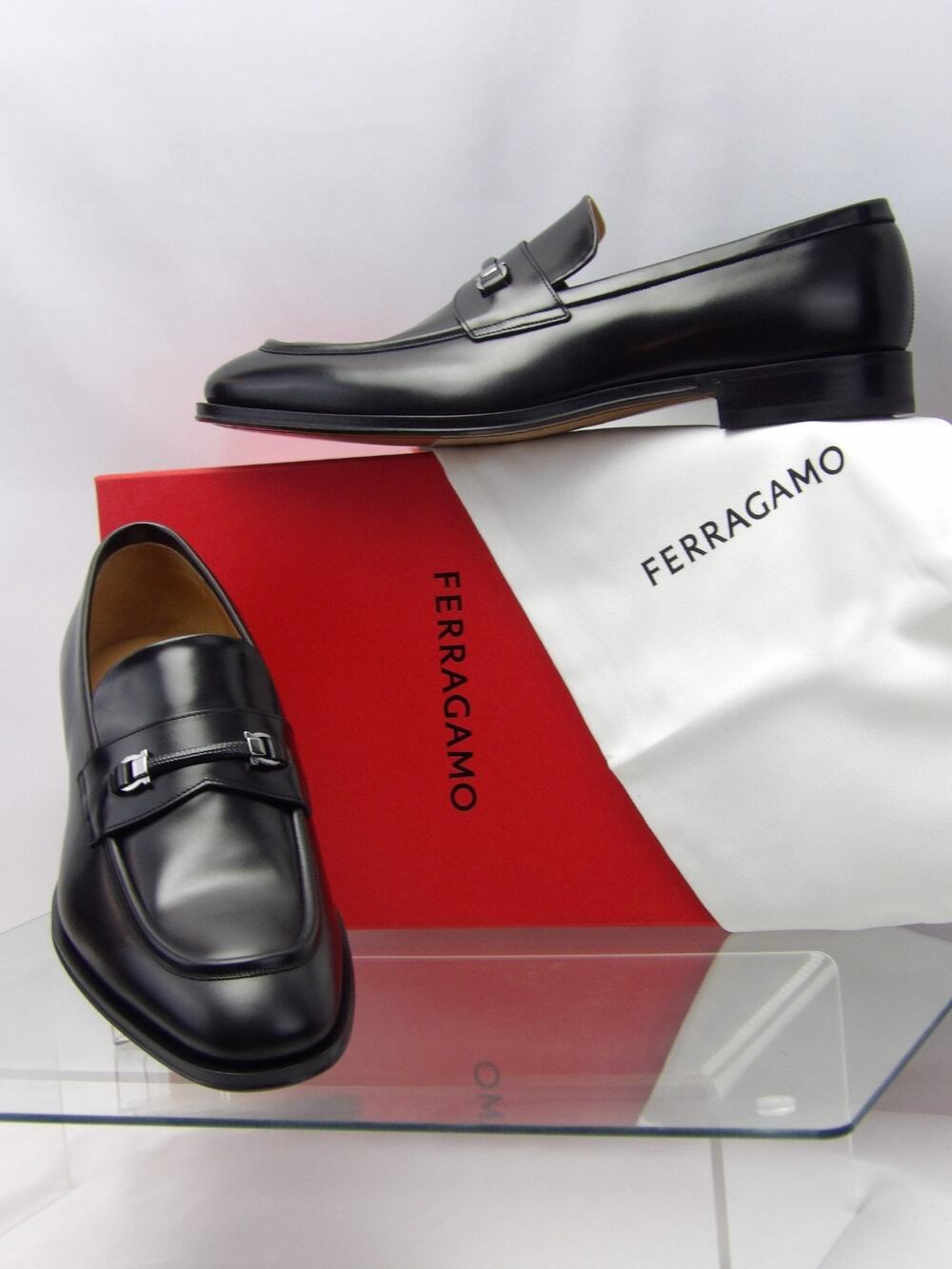 NIB FERRAGAMO BLACK LEATHER DESMOND GANCINI BIT LOGO LOAFERS 11.5 EE ITALY